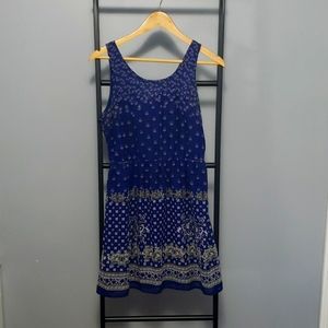 blue dress with floral detail, keyhole cut-out back, waist pleat size 12